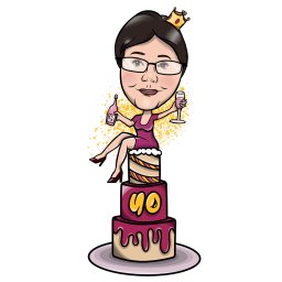 Nikola Gołębiewska - Ilustracja karykatury kobiety w okularach, siedzącej na torcie urodzinowym z butelką wina i kieliszkiem. Napis 'Sylwia' i 'Królowa jest tylko jedna'.