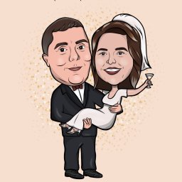 Nikola Gołębiewska - Ilustracja cyfrowa: Pan młody w smokingu trzyma Pannę Młodą w sukni ślubnej z drinkiem, na beżowym tle z datą ślubu i napisem 'Od dziś Pan i Pani Zięba'.