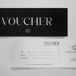 Elegancki voucher upominkowy z logo mobilnego gabinetu masażu, w kolorystyce czerni i bieli, z miejscem na wpisanie danych obdarowanego i kwoty. Minimalistyczny design.
