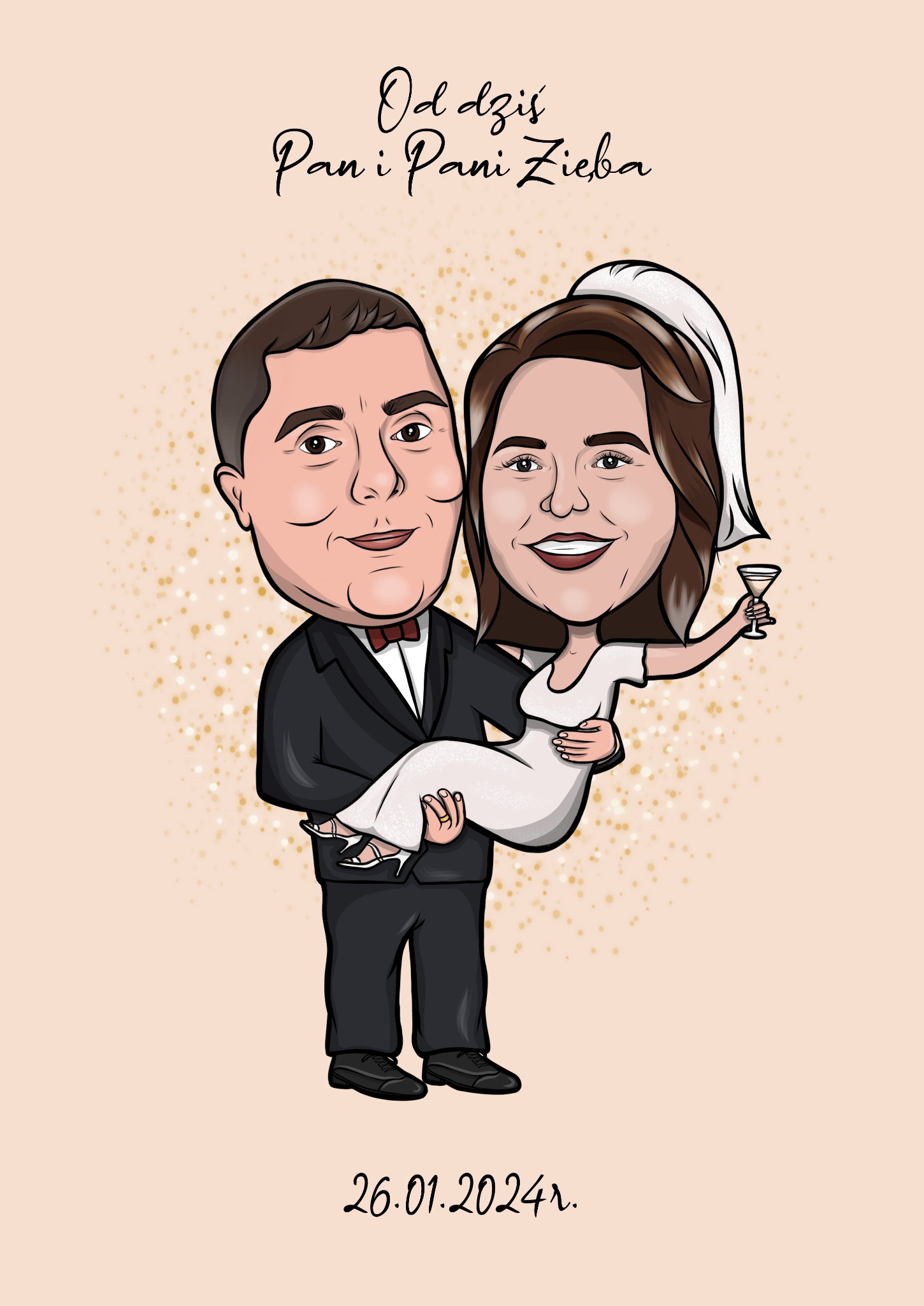 Ilustracja cyfrowa: Pan młody w smokingu trzyma Pannę Młodą w sukni ślubnej z drinkiem, na beżowym tle z datą ślubu i napisem 'Od dziś Pan i Pani Zięba'.
