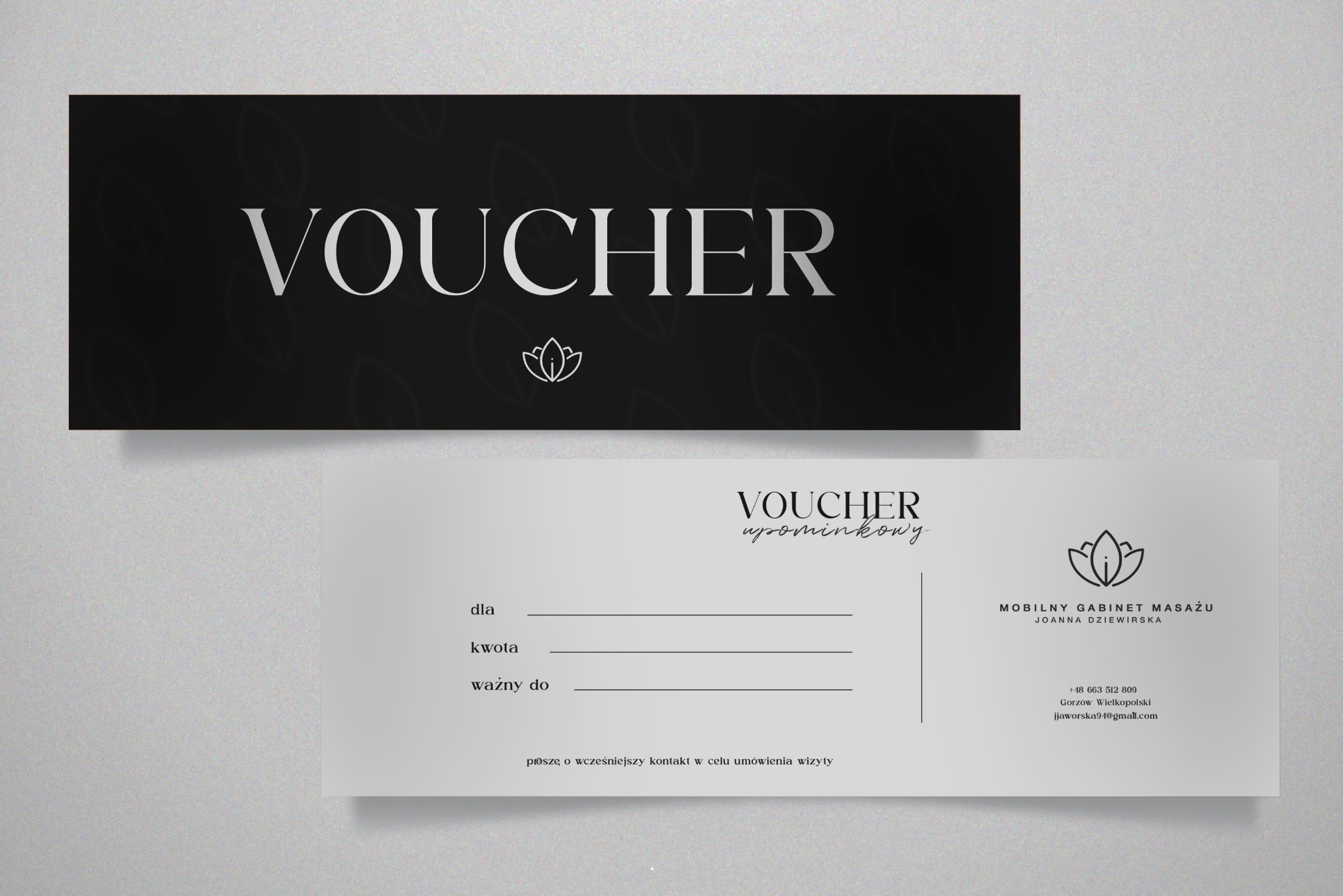 Elegancki voucher upominkowy z logo mobilnego gabinetu masażu, w kolorystyce czerni i bieli, z miejscem na wpisanie danych obdarowanego i kwoty. Minimalistyczny design.