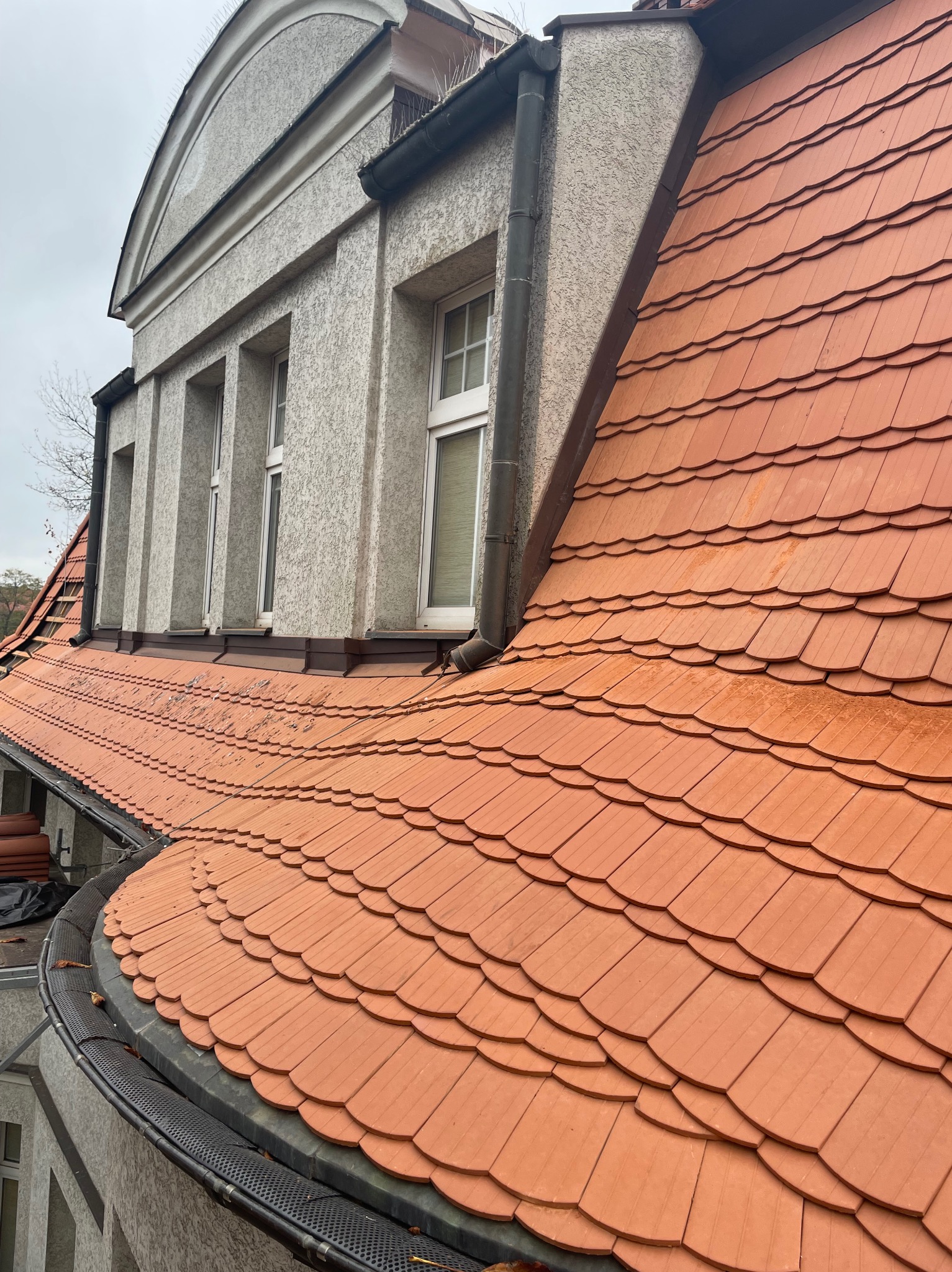 Czerwona dachówka karpiówka pokrywająca zakrzywiony dach budynku z szarą elewacją i oknami. Widoczne rynny i zabezpieczenia przed ptakami.