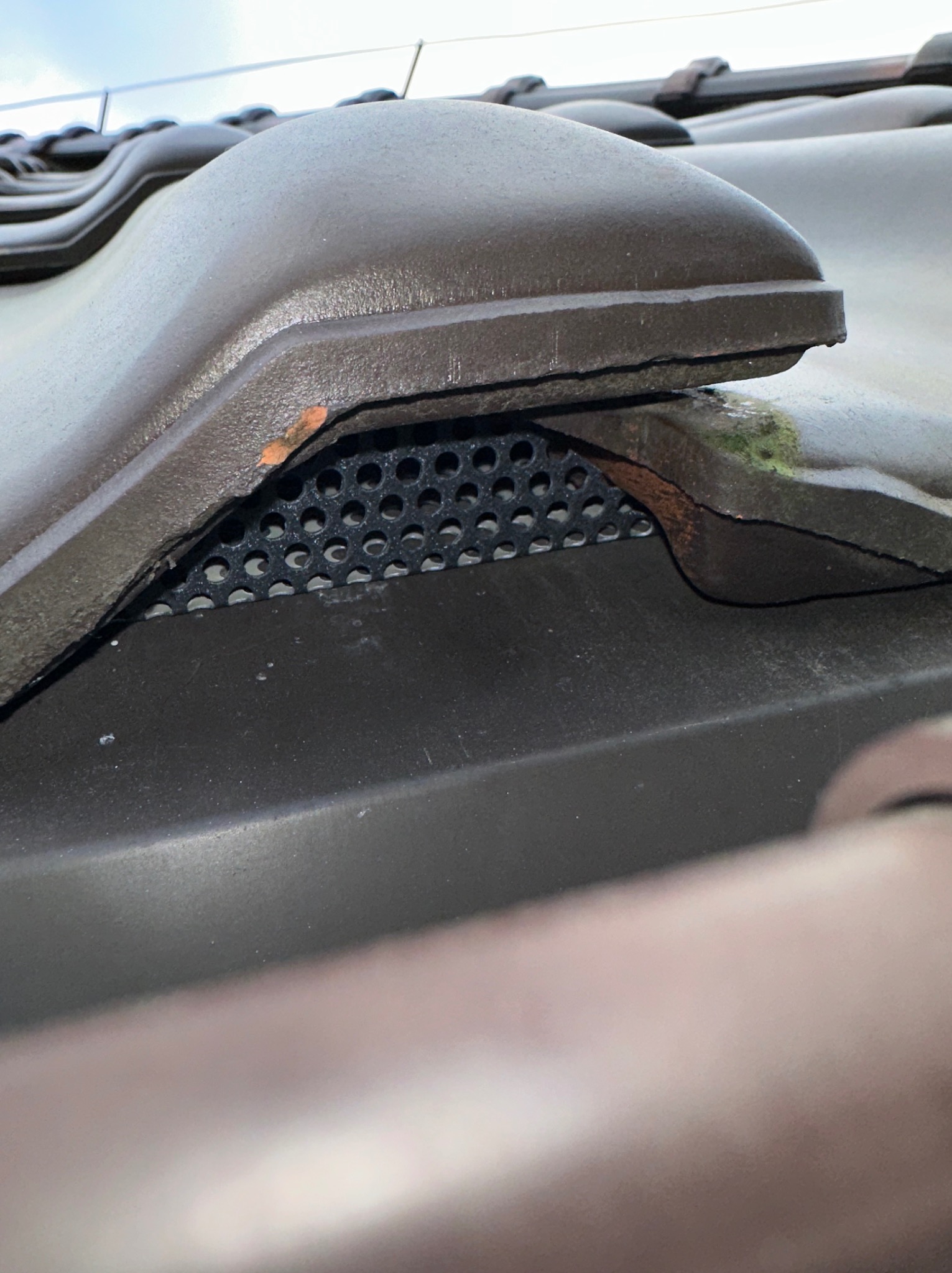 Brązowa dachówka ceramiczna z zamontowaną czarną siatką wentylacyjną, zabezpieczającą przed ptakami i gryzoniami. Widok z bliska, lekki kąt.