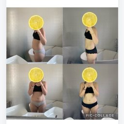 Nowa Dieta Katarzyna Nowak - Kolaż czterech zdjęć sylwetki kobiety w bieliźnie, z twarzą zasłoniętą grafiką cytryny, na tle łazienki. Prezentacja efektów diety lub zmiany sylwetki.