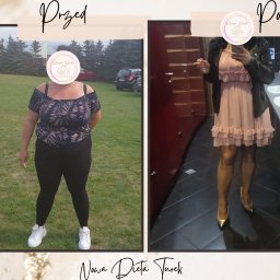 Nowa Dieta Katarzyna Nowak - Zdjęcie typu 'przed i po' przedstawia sylwetkę kobiety przed i po diecie. Zmiana sylwetki, inny strój i otoczenie. Logo 'Nowa Dieta Turek' na zdjęciu.