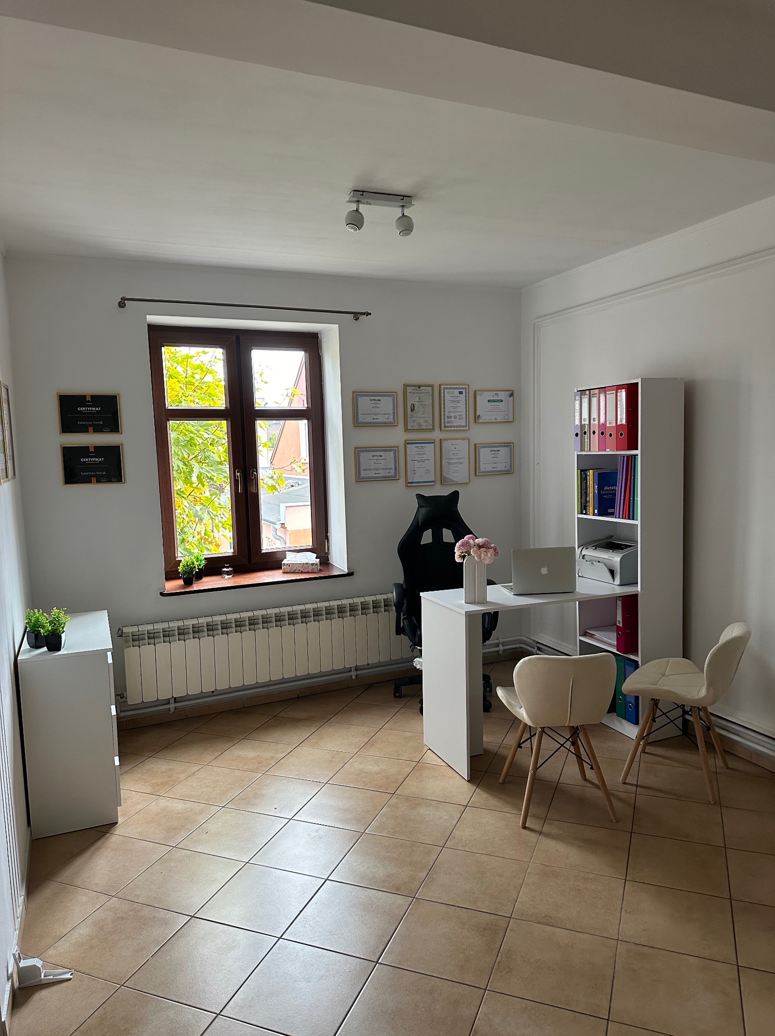 Jasne biuro z biurkiem, laptopem i kwiatami. Na ścianie dyplomy i certyfikaty. W tle okno z widokiem na zieleń. Dwa krzesła dla pacjentów.
