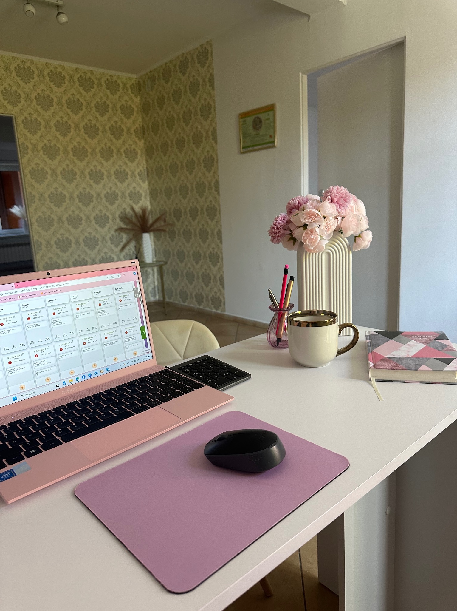 Różowy laptop z planem dietetycznym na biurku w gabinecie w Turku, obok myszka, podkładka, notatnik i kwiaty. Jasne wnętrze, spokojna atmosfera pracy.