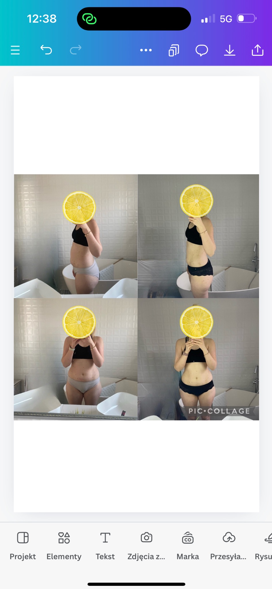 Kolaż czterech zdjęć sylwetki kobiety w bieliźnie, z twarzą zasłoniętą grafiką cytryny, na tle łazienki. Prezentacja efektów diety lub zmiany sylwetki.