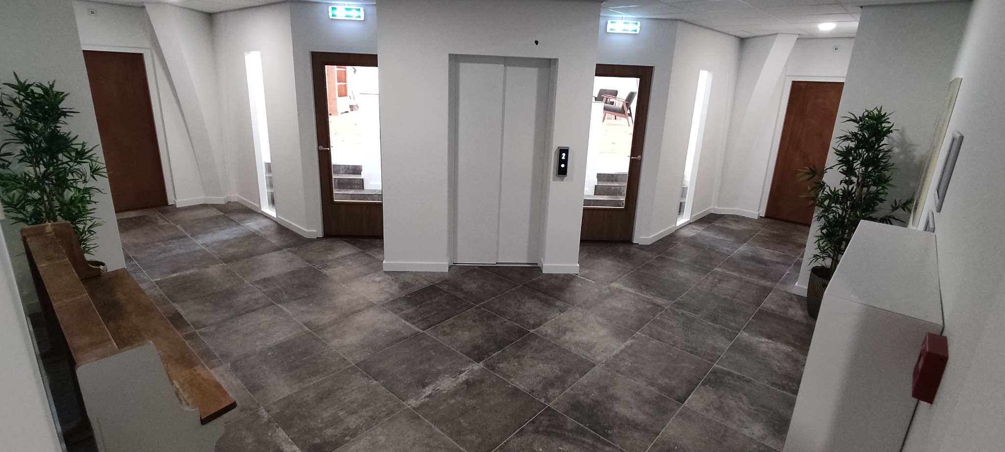 Korytarz biurowy z szarą podłogą z płytek, białymi ścianami, drewnianymi drzwiami i roślinami doniczkowymi. Widoczna winda i oświetlenie ewakuacyjne.