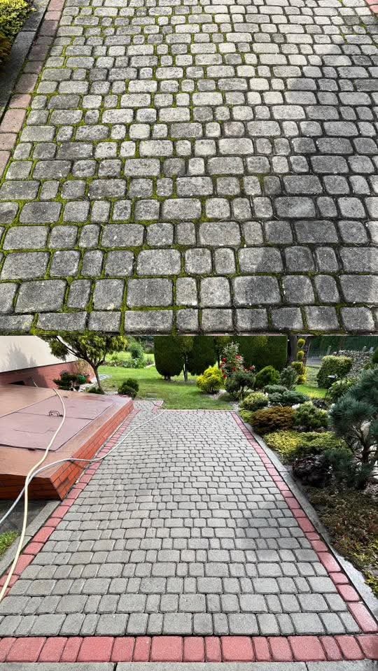 Porównanie kostki brukowej przed i po czyszczeniu. Górna część z mchem, dolna czysta z czerwoną obwódką. Widok na ogród w tle, perspektywa z góry.