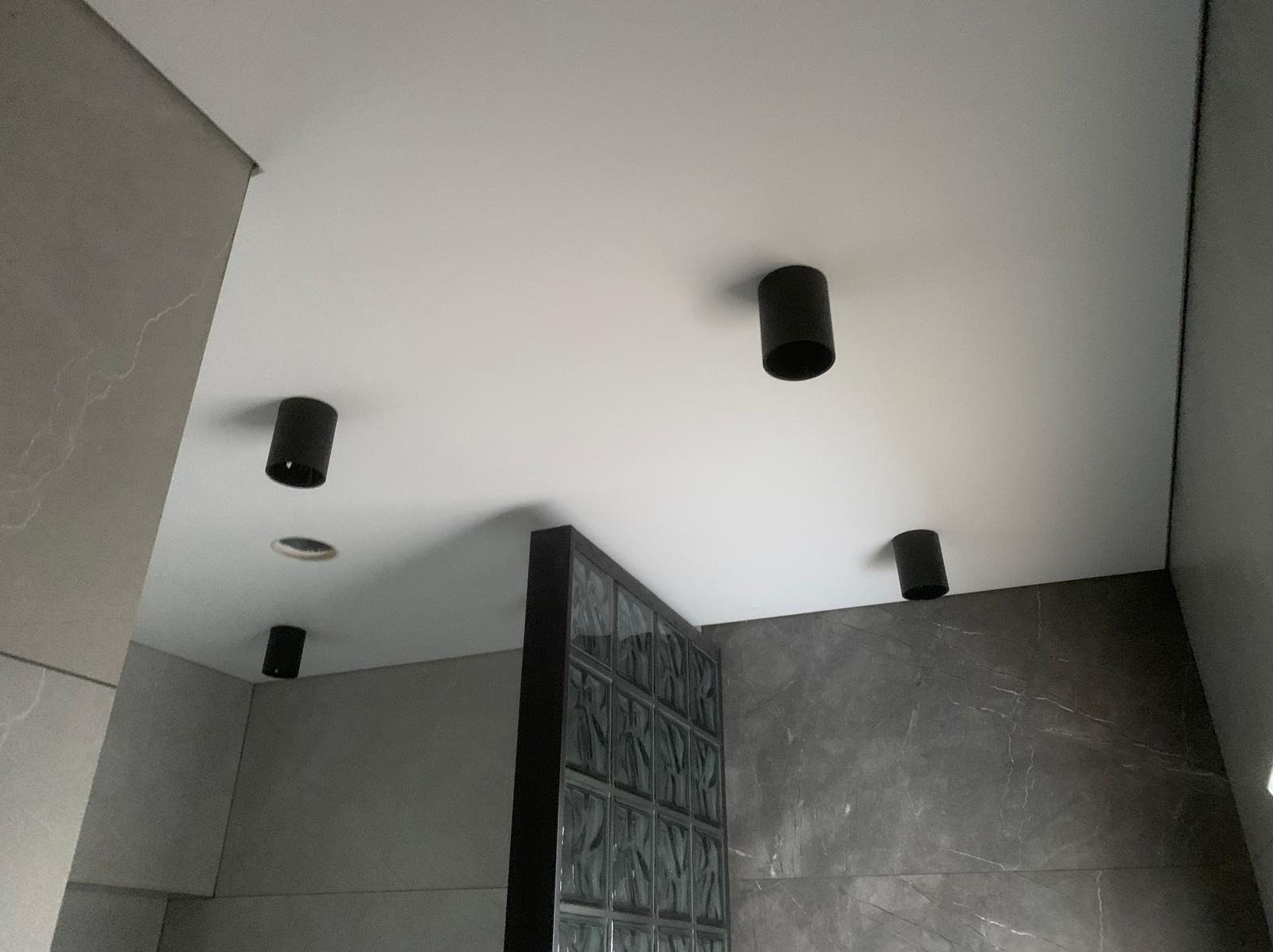 Biały sufit w łazience z czarnymi, cylindrycznymi lampami punktowymi i szarą ścianą z marmuru. Widoczny element szklanej ścianki działowej.