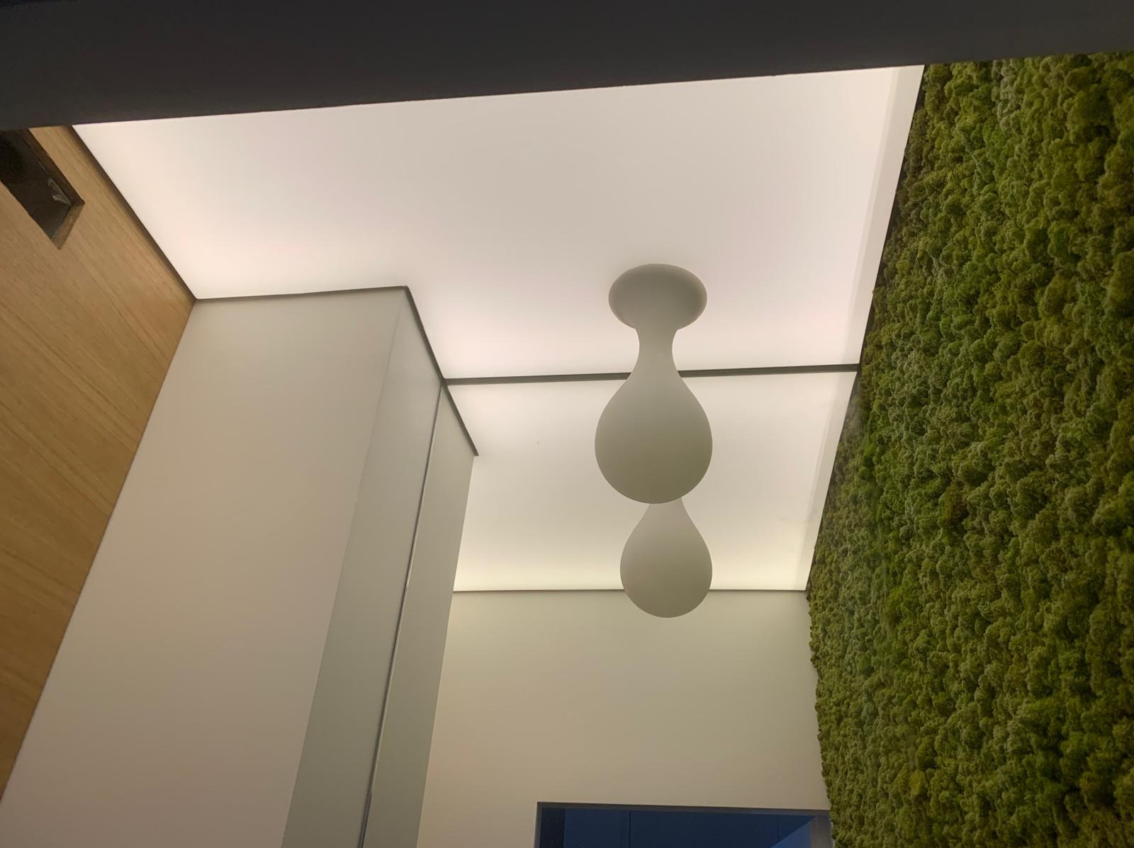 Nowoczesne wnętrze z podświetlanym sufitem napinanym, lampą w kształcie dwóch kropel i ścianą z mchu. Minimalistyczny design, unikalne oświetlenie.