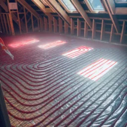 Czerwone rury ogrzewania podłogowego ułożone na folii w nowym budynku z drewnianą konstrukcją dachu i oknami dachowymi wpuszczającymi jasne światło.