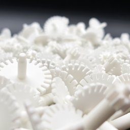 Printing 3D rzemieślnictwo cyfrowe Norbert Niemczuk - Białe, plastikowe koła zębate z trzpieniami w dużym skupisku, oświetlone z góry, na ciemnym tle. Detal precyzyjnego wykonania.