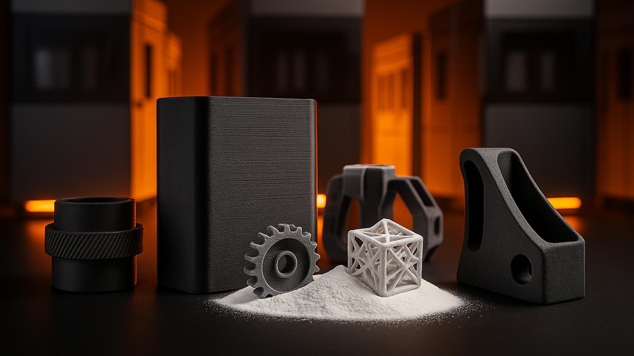 Precyzyjne, czarne elementy z drukarki 3D: cylinder, prostopadłościan, uchwyt, trybik i ażurowa kostka na białym proszku, w tle drukarka 3D.