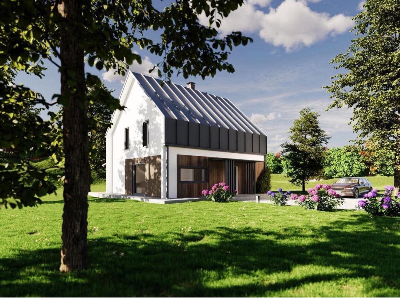 Nowoczesny dom z białą elewacją i ciemnym dachem, otoczony zielonym trawnikiem, z elementami drewnianymi. W tle widoczny samochód i drzewa.