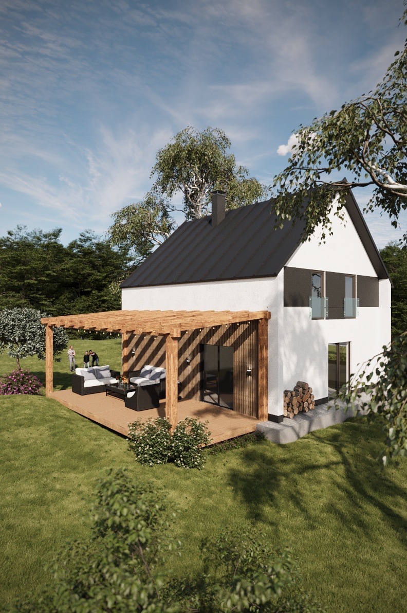 Nowoczesny dom szkieletowy z tarasem i pergolą w Goczałkowicach-Zdroju. Elewacja biała, dach czarny, drewniane elementy wykończeniowe. Widok z ogrodu.