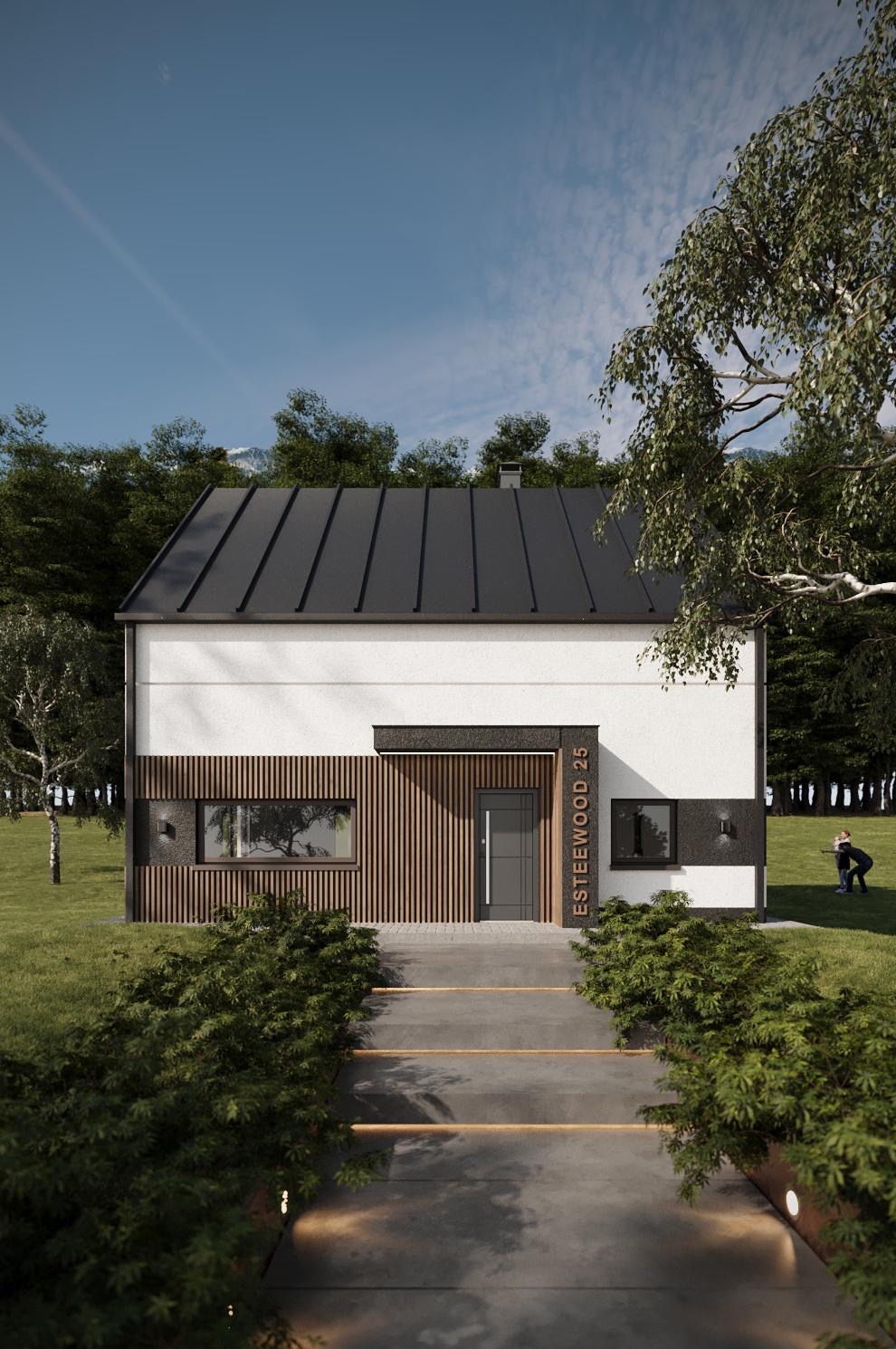 Wizualizacja domu z czarnym dachem, białymi ścianami i drewnianą elewacją. Ścieżka z oświetleniem prowadzi do wejścia, w tle zieleń drzew i błękitne niebo.