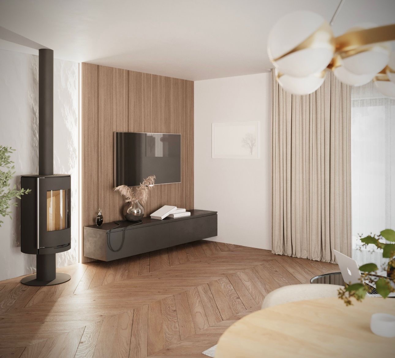 Stylowe wnętrze z parkietem w jodełkę, kominkiem i telewizorem na drewnianej ścianie. Minimalistyczny design, neutralna kolorystyka z akcentami brązu i szarości.