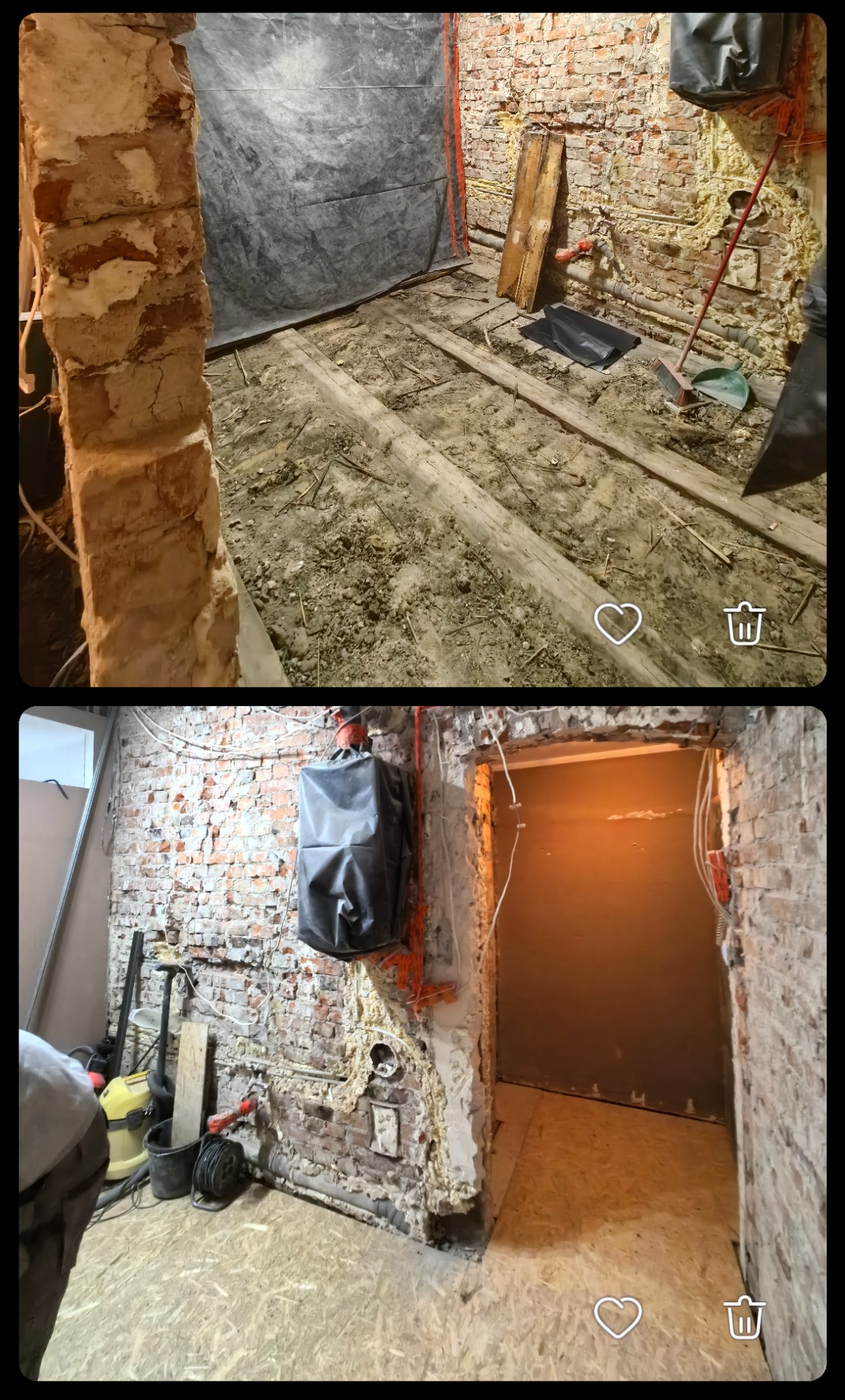 Dwa ujęcia wnętrza w trakcie remontu: surowe cegły, instalacje, podłoga w trakcie wymiany. Widoczne narzędzia i materiały budowlane, fragmenty ścian pokryte pianką montażową.