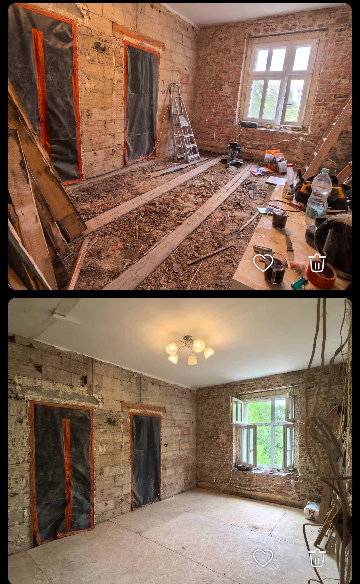 Zdjęcie 'przed i po' remontu mieszkania: surowe ściany z cegły i zabezpieczone drzwi przed remontem, a następnie wykończone wnętrze z nową podłogą i oświetleniem.