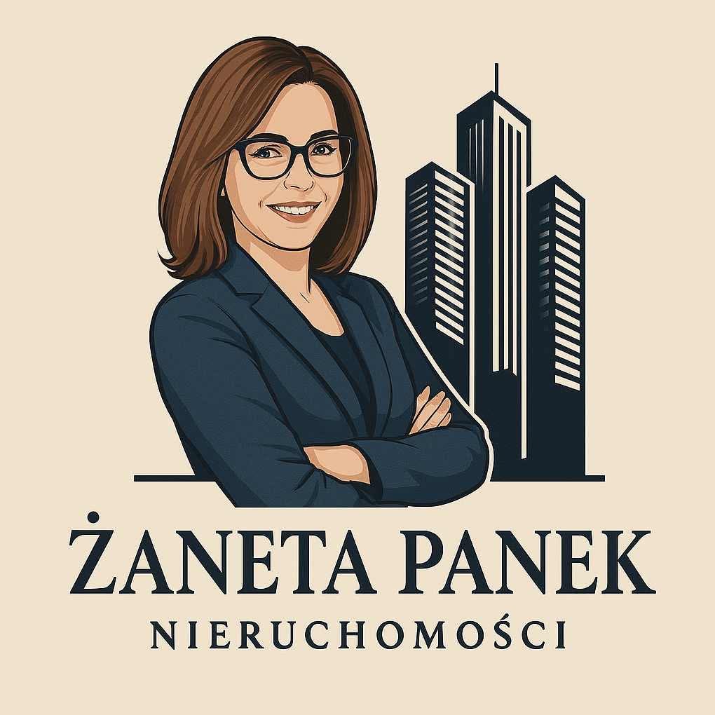 Ilustracja: Uśmiechnięta kobieta w okularach, w marynarce, z budynkami w tle. Podpis: Żaneta Panek Nieruchomości. Grafika w neutralnej tonacji.