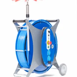 Profesjonalna maszyna do czyszczenia wentylacji z obrotową szczotką i panelem sterowania, na mobilnym wózku. Błękitna obudowa, srebrna rama, białe tło.