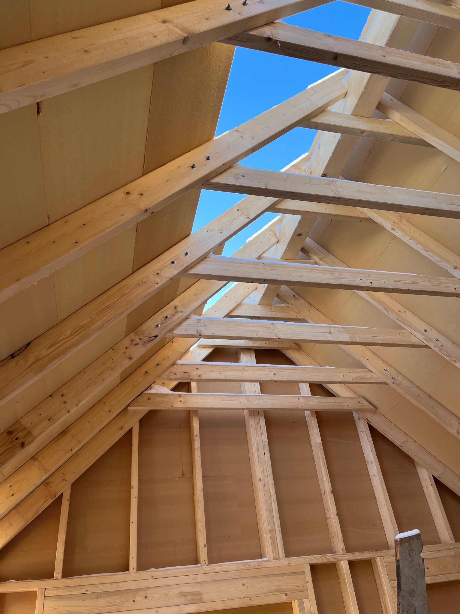 Wnętrze domu w konstrukcji szkieletowej, widok na drewniane belki i izolację poddasza, z fragmentami błękitnego nieba w prześwitach.