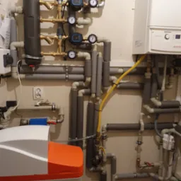 Złożona instalacja grzewcza z piecem gazowym Immergas, rurami zaizolowanymi szarą pianką i filtrem wody z pomarańczową pokrywą. Żółty przewód gazowy podłącza piec.