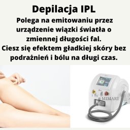 Gabinet Kosmetyki Laserowej i Stylizacji Paznokci Dorota Musidlak - Depilacja IPL: gładka skóra bez podrażnień. Na zdjęciu noga w trakcie zabiegu i urządzenie Mimari do depilacji laserowej. Jasne tło, profesjonalny wygląd.