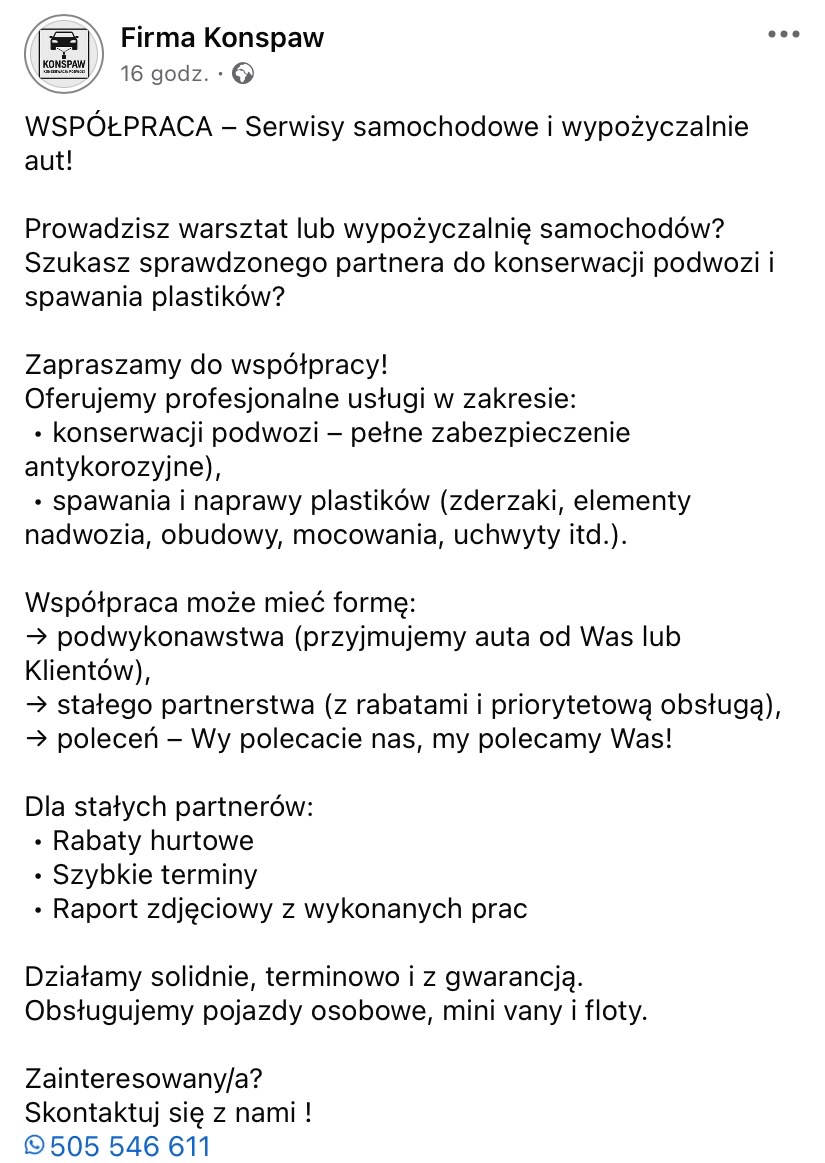 Ogłoszenie firmy oferującej konserwację podwozi i spawanie plastików, z logo i danymi kontaktowymi. Informacje o współpracy i korzyściach dla partnerów.