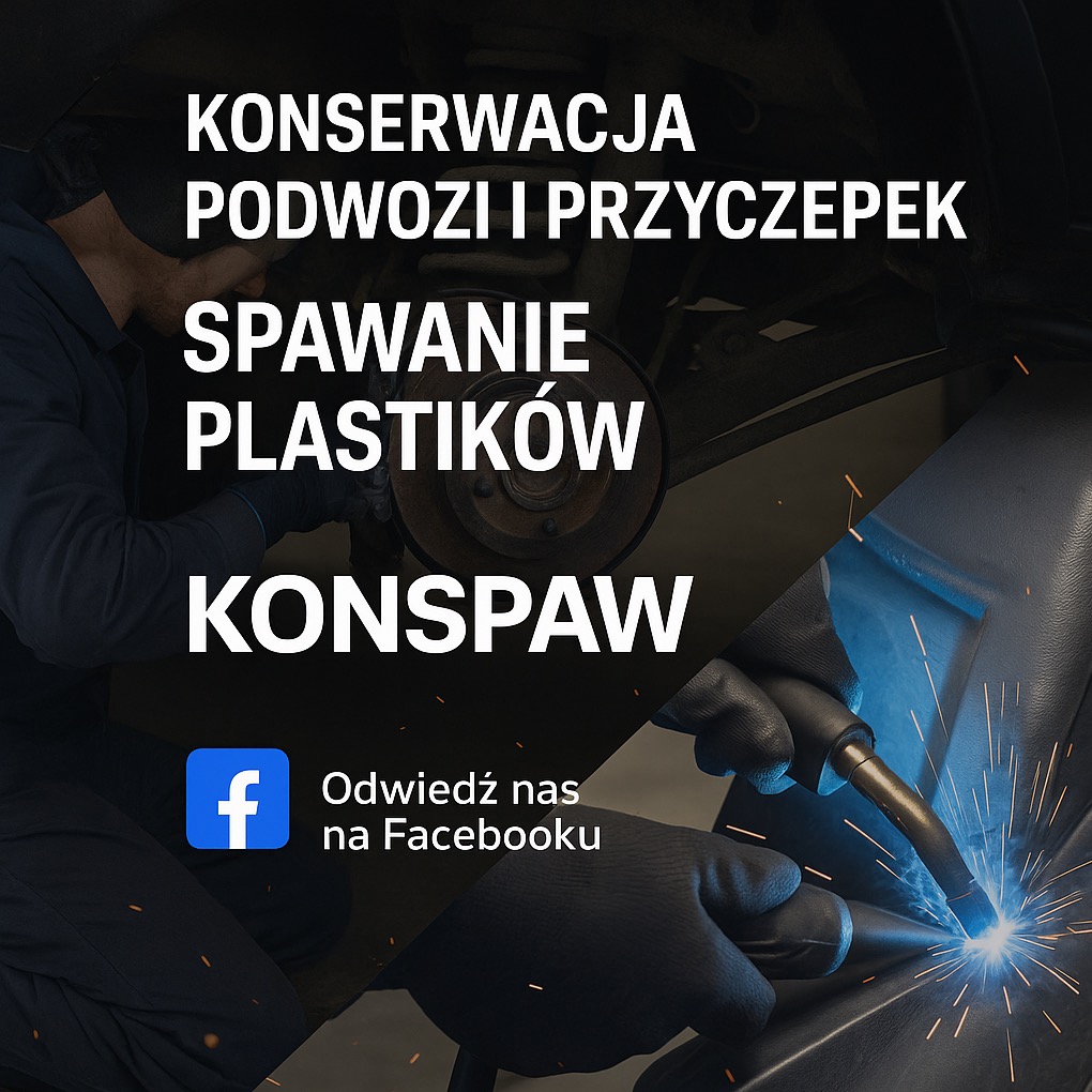 Konserwacja podwozi, spawanie plastików i logo firmy „Konspaw” oraz odnośnik do Facebooka. Iskrzenie podczas spawania, fragment zawieszenia pojazdu.