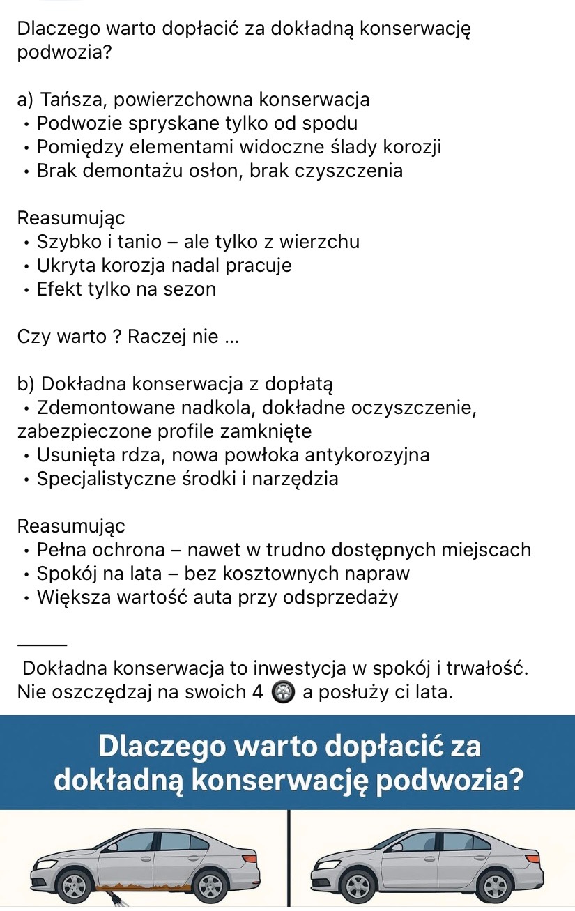 Infografika porównująca efekty taniej i dokładnej konserwacji podwozia auta, z widocznymi różnicami w zabezpieczeniu przed korozją.