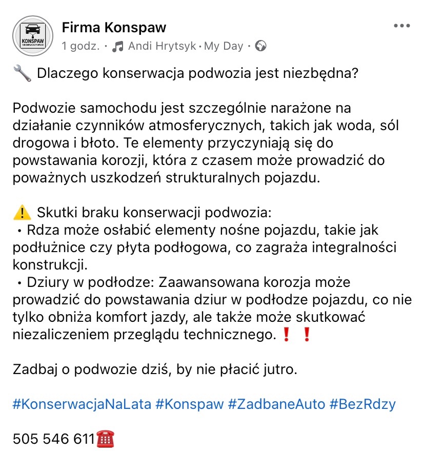 Post informacyjny o konserwacji podwozia auta, podkreślający ryzyko korozji i skutki zaniedbania, z hasztagami #KonserwacjaNaLata i numerem telefonu.
