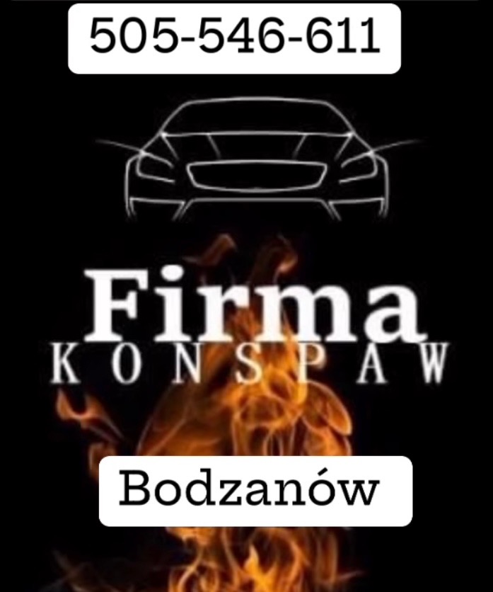 Czarno-pomarańczowe logo firmy KONSPAW z konturem auta i numerem telefonu, na tle płomieni, z nazwą miejscowości Bodzanów.