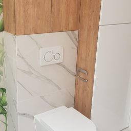 Fresh Art - Nowoczesna toaleta podwieszana w wykończonej łazience. Biała ceramika, marmurowe płytki, drewniane szafki wiszące i akcent zieleni w postaci tapety z motywem roślinnym.
