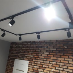 Sebastian Matwiejuk - Ceglana ściana z oświetleniem szynowym w nowoczesnym wnętrzu. Część ściany gładka, szara. Widoczny fragment białych drzwi.