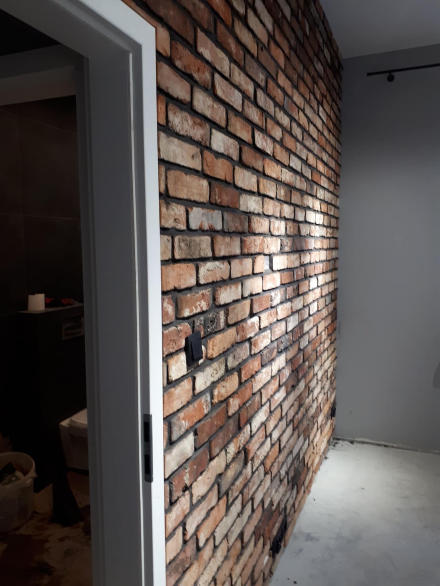 Ściana z dekoracyjnej cegły w odcieniach czerwieni i brązu, kontrastująca z gładką, szarą ścianą. Widoczna biała ościeżnica drzwi. Minimalistyczne oświetlenie sufitowe.
