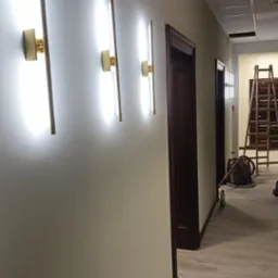 Korytarz z trzema nowoczesnymi, pionowymi lampami ściennymi o złotych akcentach, emitującymi jasne światło. W tle drzwi i drabina. Widok z boku.