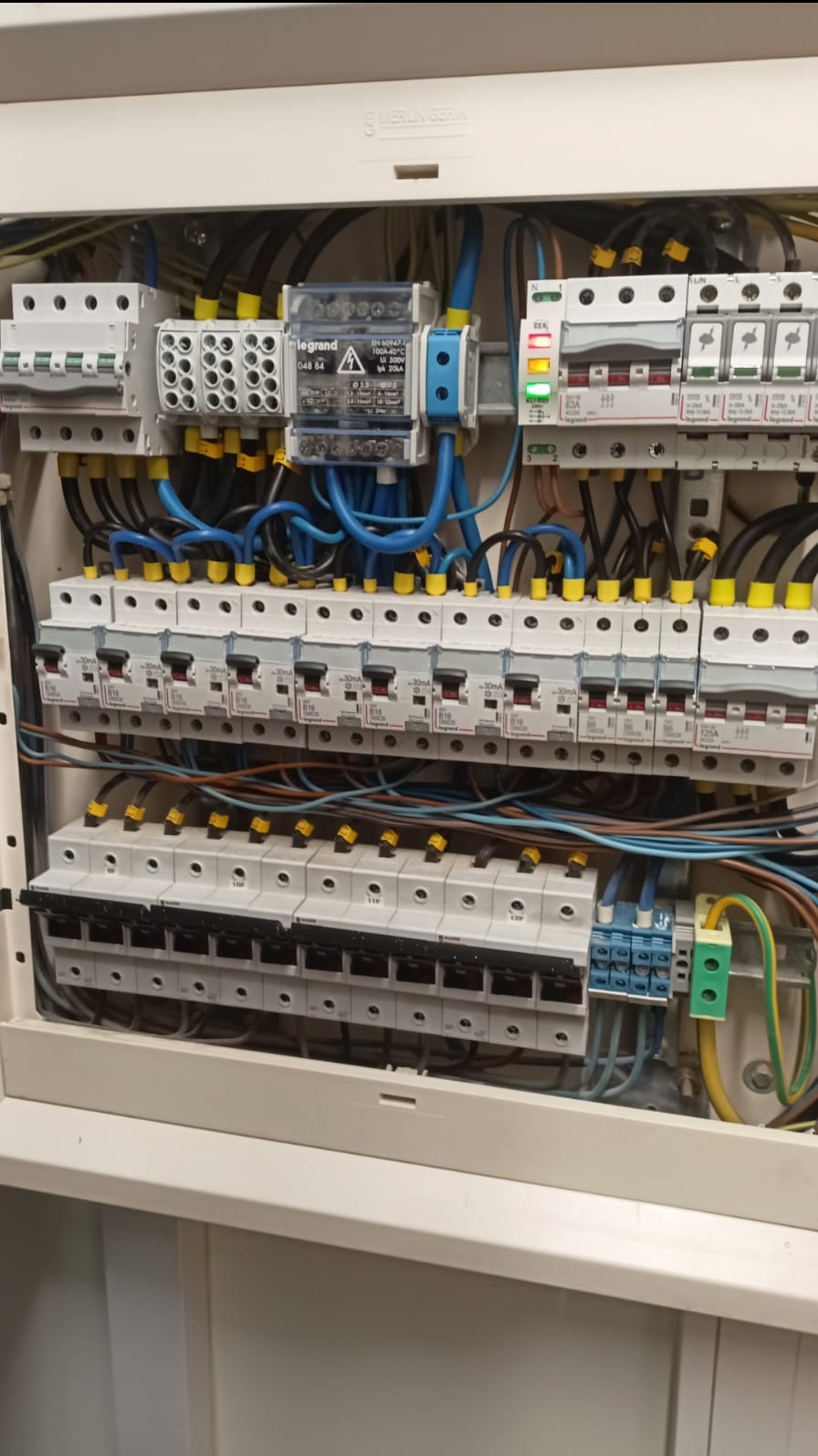 Rozdzielnia elektryczna z zainstalowanymi bezpiecznikami, przewodami w kolorze niebieskim i czarnym, oraz elementami marki Legrand i Merlin Gerin. Widok z bliska.