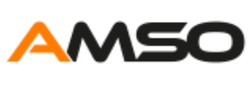 Logo firmy AMSO: pomarańczowe 'A' i czarne 'MSO' na białym tle. Prosty, nowoczesny design.