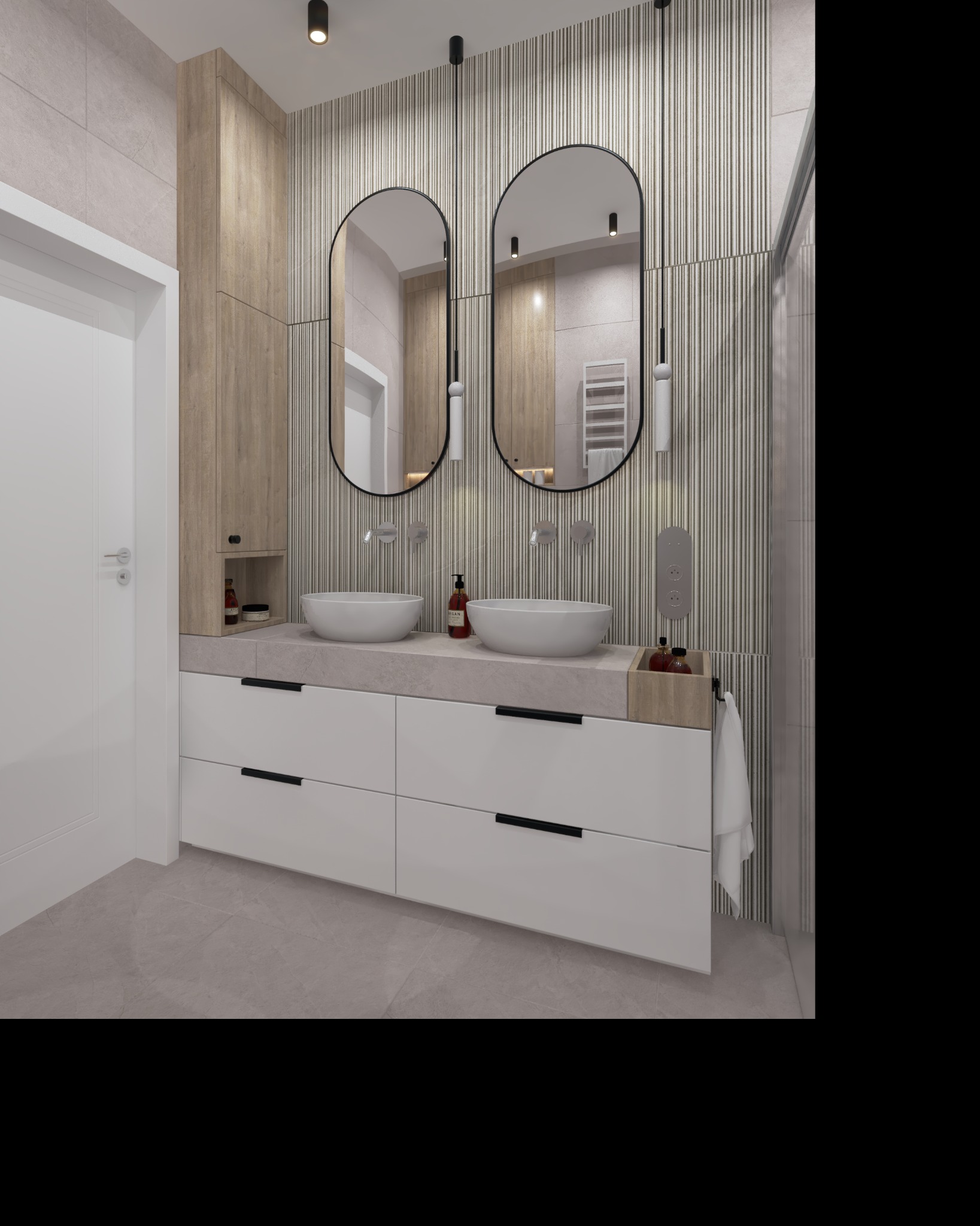 Nowoczesna łazienka z dwiema umywalkami nablatowymi, lustrami w czarnych ramach i białymi szafkami z czarnymi uchwytami, wykończona w odcieniach beżu i bieli.