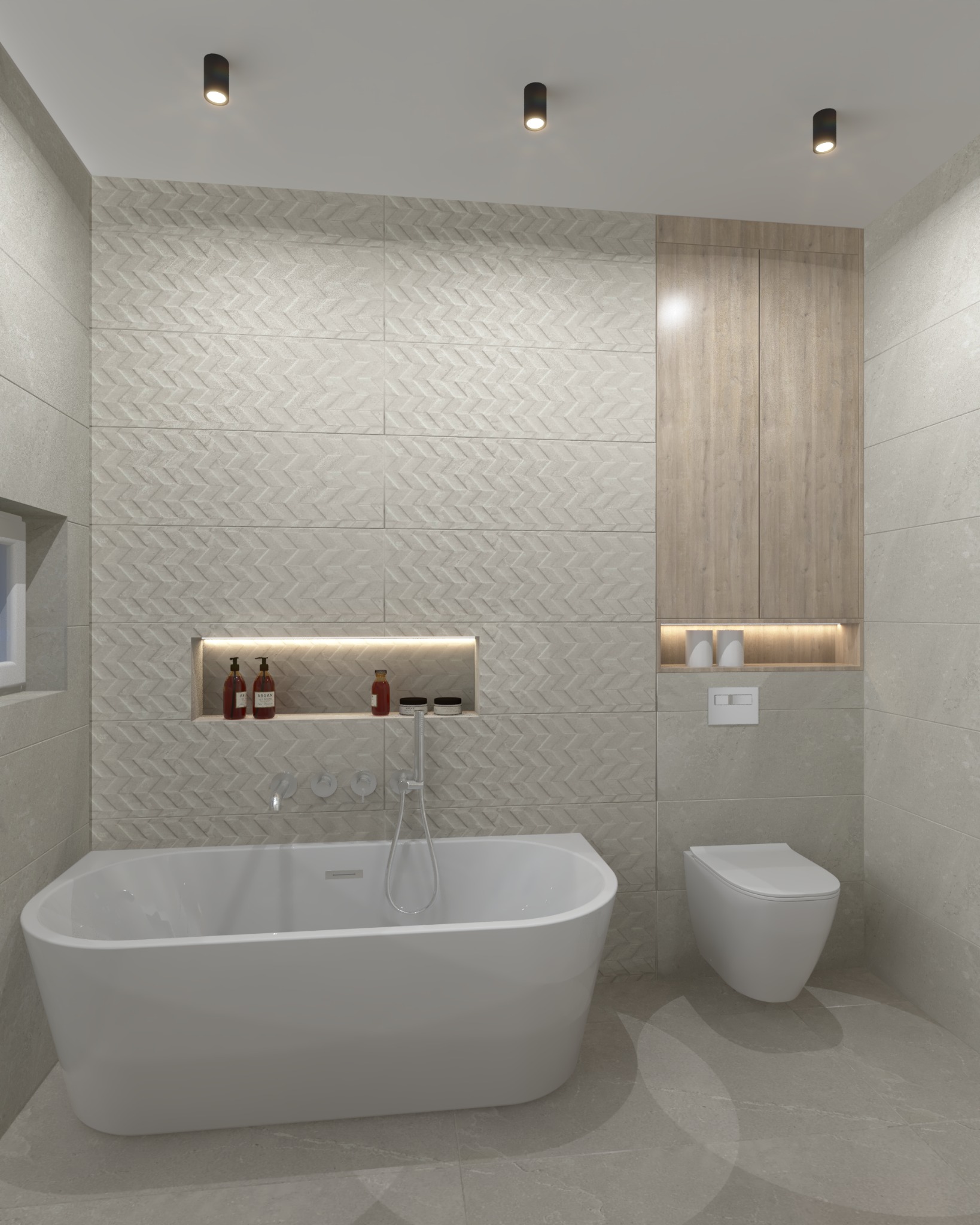 Nowoczesna łazienka z wanną, toaletą i szafką w odcieniach szarości i drewna. Ściana z dekoracyjnymi płytkami i wnęką z oświetleniem LED. Minimalistyczny design.
