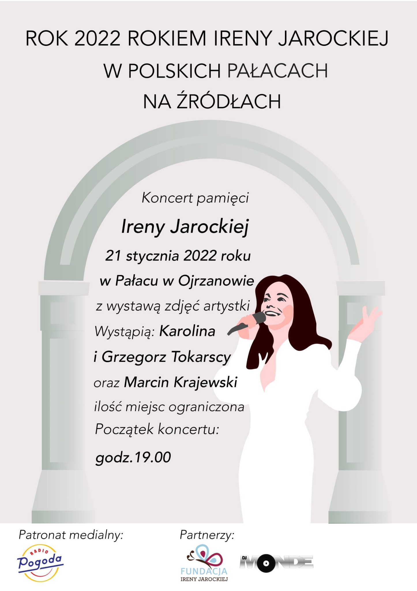 Plakat koncertu pamięci Ireny Jarockiej, 21 stycznia 2022, Pałac Ojrzanów. Stylizowana grafika w stonowanej kolorystyce z wizerunkiem artystki i informacjami o wydarzeniu.