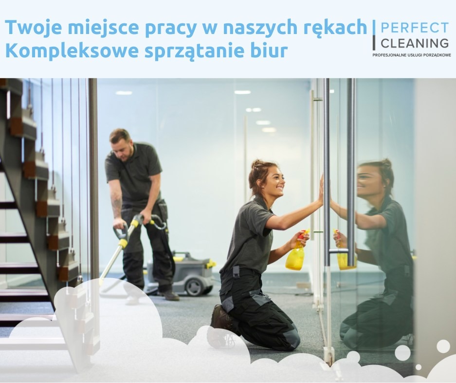 Sprzątanie biura: kobieta czyści szklane drzwi, mężczyzna odkurza wykładzinę. W tle schody i sprzęt do sprzątania. Logo 'Perfect Cleaning' u góry.