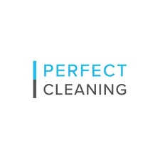 Minimalistyczne logo „Perfect Cleaning” z pionową, błękitną linią i szarym napisem „CLEANING” pod słowem „PERFECT”, na białym tle. Prosty, nowoczesny design.