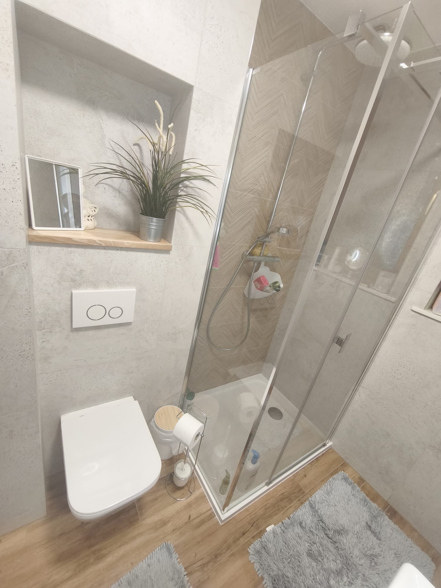 Jasna łazienka z kabiną prysznicową, toaletą i drewnianą podłogą. Na ścianie półka z rośliną i lustrem. Widoczny fragment szarego dywanika.