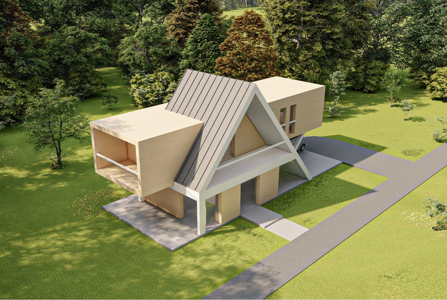 Wizualizacja 3D nowoczesnego domu z drewnianą elewacją i szarym dachem, otoczonego zielenią. Dom z nietypową bryłą, widok z góry, podkreślający unikalny design.