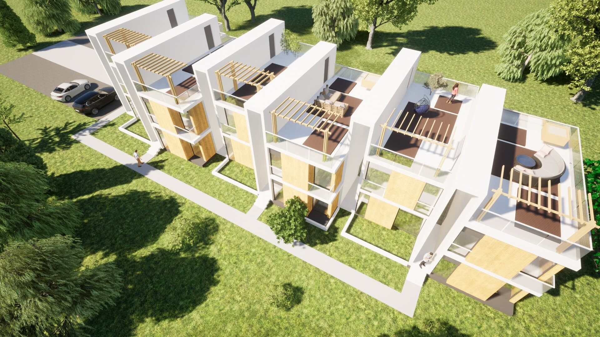 Wizualizacja kompleksu nowoczesnych, trzypiętrowych budynków z tarasami na dachu, otoczonych zielenią. Widok z góry ukazuje detale architektoniczne i zagospodarowanie terenu.