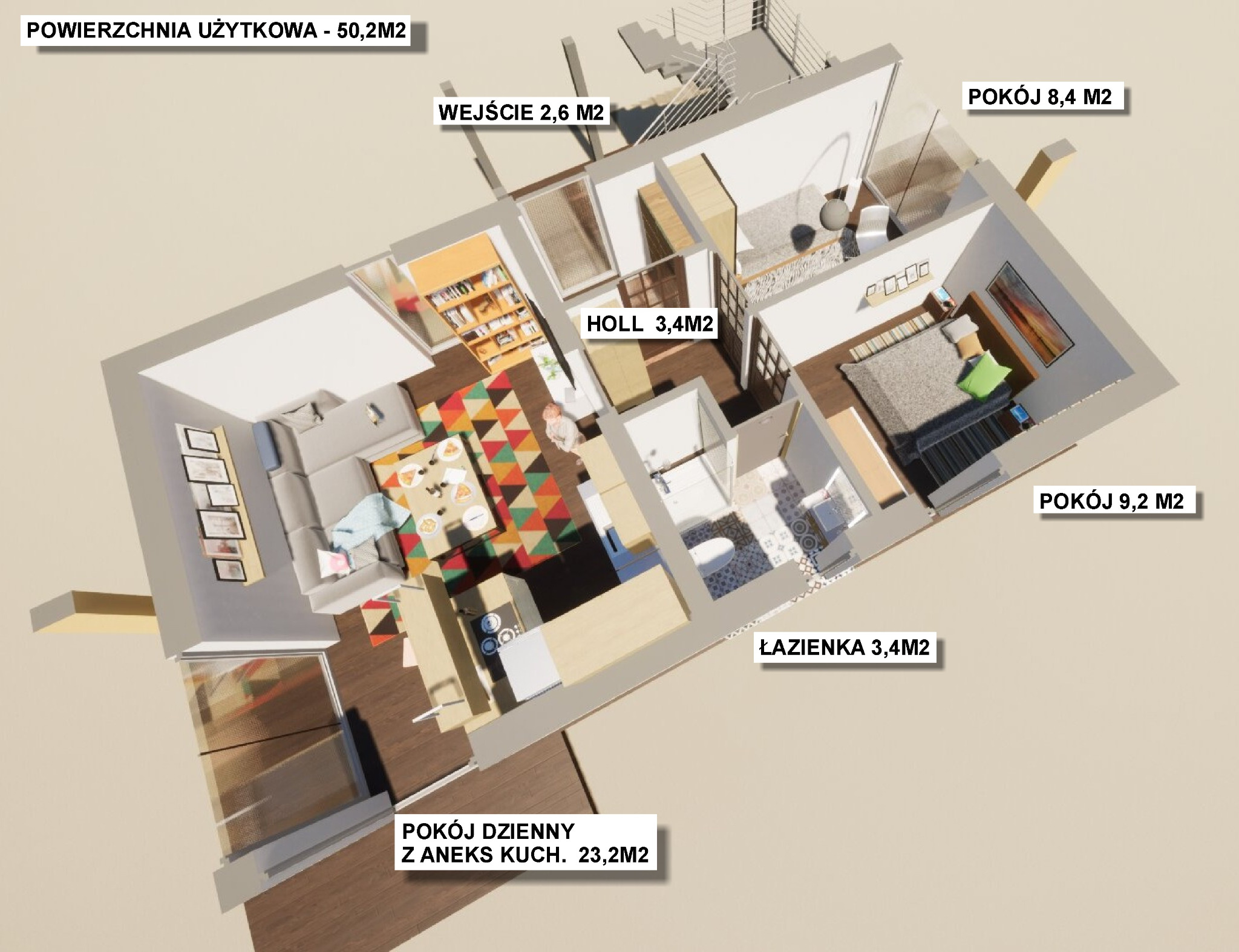 Model 3D mieszkania o powierzchni 50,2 m2 z pokojem dziennym z aneksem kuchennym, holem, łazienką i dwoma pokojami. Widok z góry, prezentacja układu pomieszczeń.